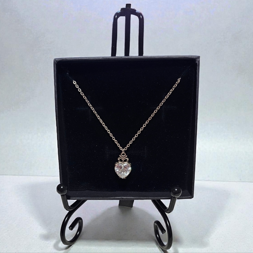 BRIGHTON Silver Tone Necklace with Crystal Heart Pendant and Jewelry Bag